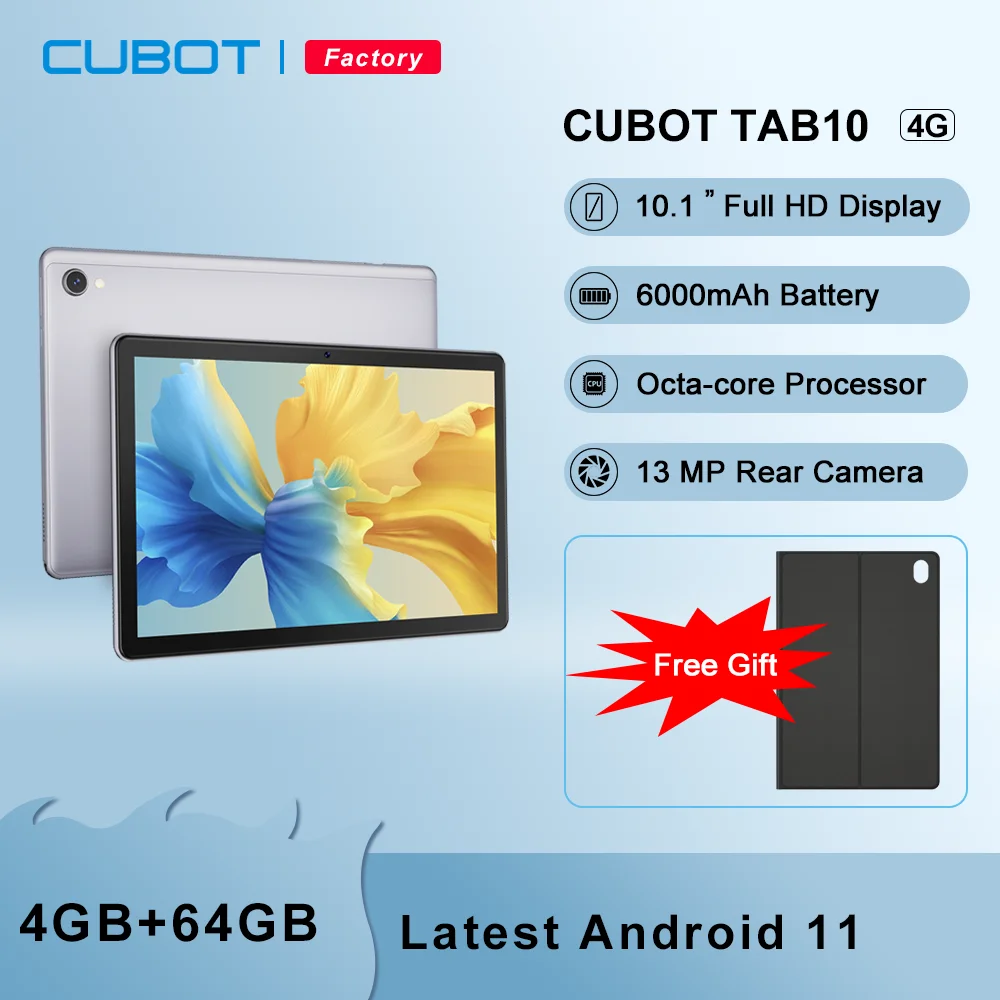 Cubot TAB 10, Tablet Android 11 Octa-core 13MP Rear Camera 10.1'' FHD+ Display 6000mAh 4GB+64GB 4G Network Tablet PC Android Pad