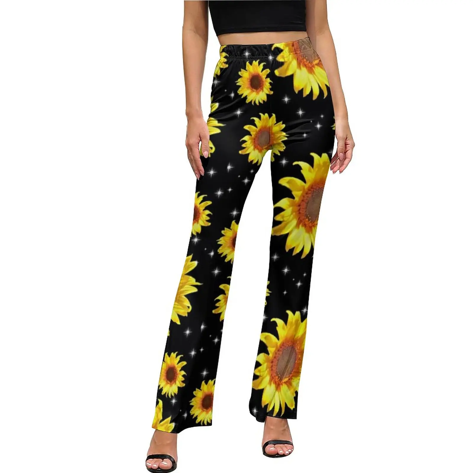 

Брюки женские повседневные с рисунком подсолнуха, узкие брюки-клеш с завышенной талией, с современным рисунком