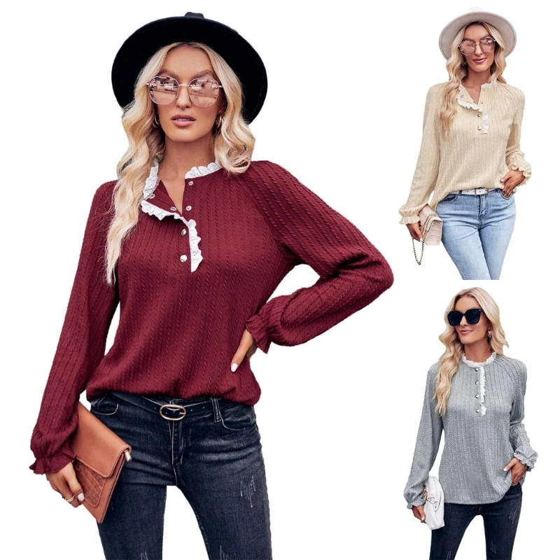 

New style Women's TShirt Casual Loose Shirt Long Sleeve Ruffled Neck Blouse Tops Tunics