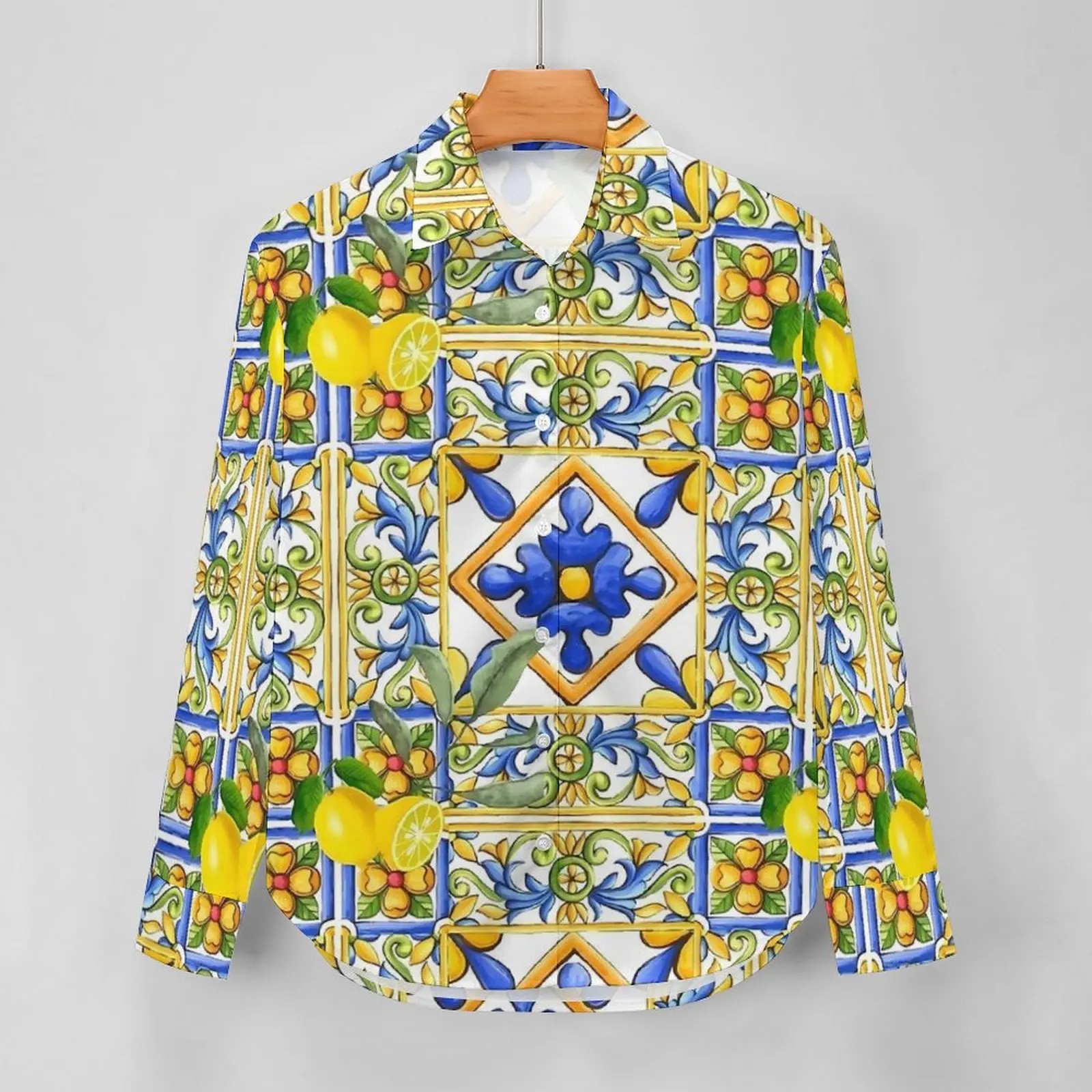 Majolica лимонная блузка с длинным рукавом цитрусовые цветы плитка забавные блузки