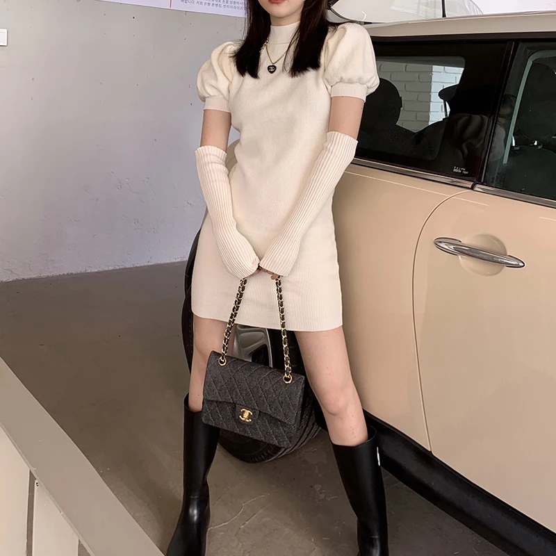 

WKFYY Spring Autumn Sweet Sexy Knitted Candy Color Turtleneck Puff Sleeve High Elasticity Bodycon Sheath Mini Short Dress D4210