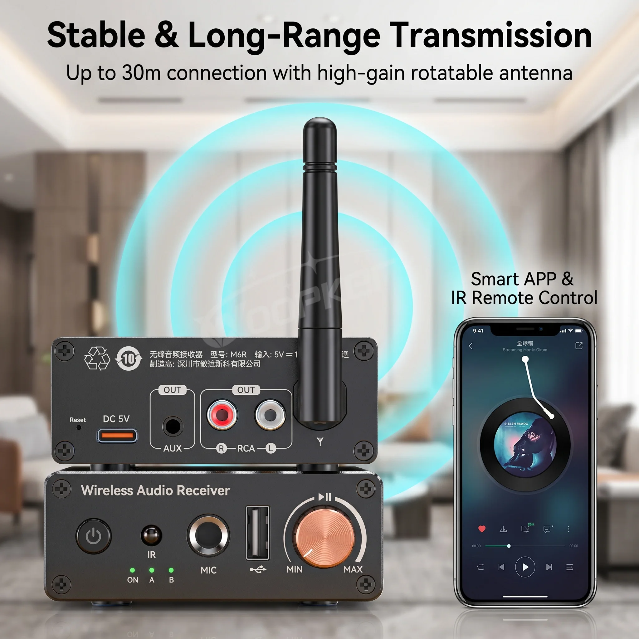 Фото Беспроводной аудиоприемник-передатчик WOOPKER Bluetooth 6.0, адаптер 3,5 мм AUX RCA USB с ИК-пультом дистанционного управления для ПК, телевизора, автомобильных колонок №2