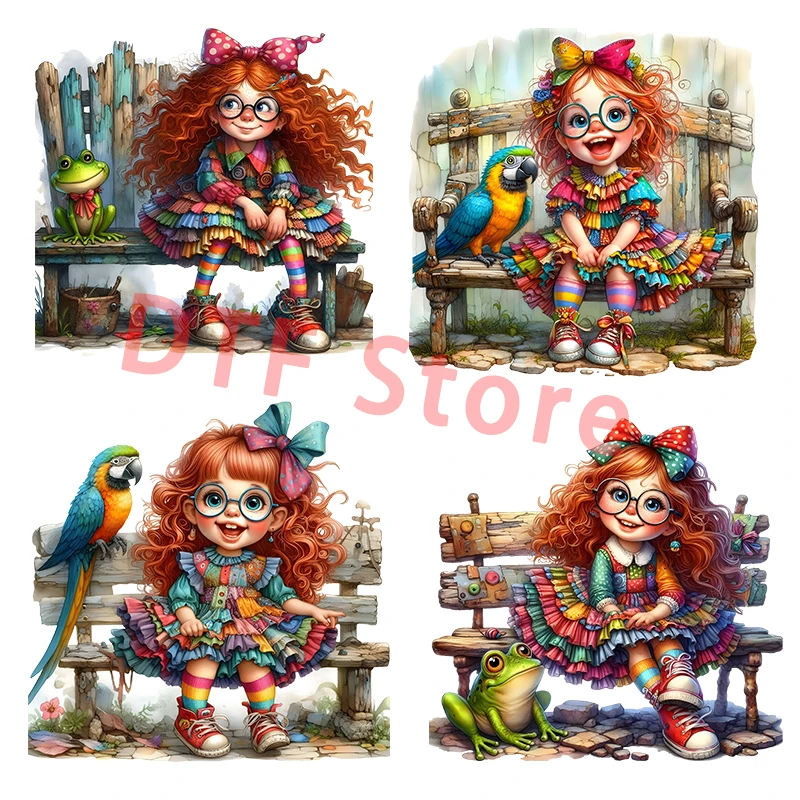 Нашивка для детской одежды с изображением девушки на верстаке и попугая