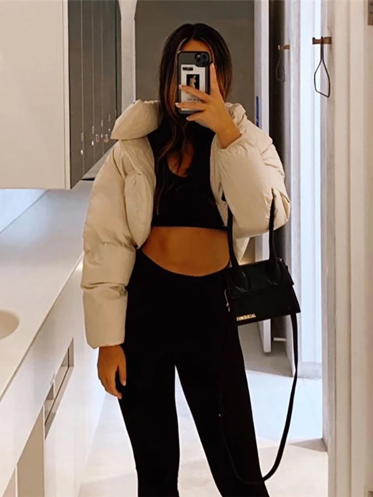 Taruxy Puffer Jackets Winter Coats Women Stand Neck Zipper Crop Jackets Parkas Cotton-padded Coat Warm Outwear Tops White 2022