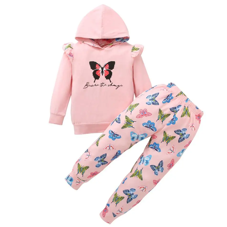 

Spring Autumn Girls' Cotton Children's Set Butterfly Hooded Children's Set 2 Pieces Frilly Long Sleeve T-shirt And Trousers