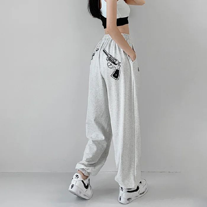 

oversized pants Hip hop pistol print elastic waist sweatpants streetwear Women Casual Loose Retro bind feet Trousers jogger new