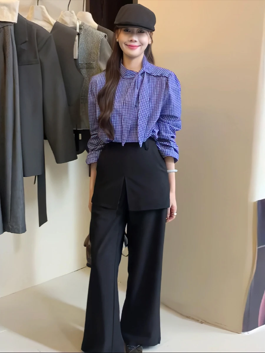 Корейские рубашки с длинными рукавами в стиле ретро заячьими ушками синие