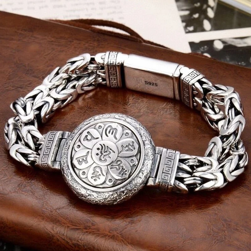 

RetroSen New Silver Men's Vintage Peace Pattern Six-character Mantra Personality Rotatable Auspicious Clouds Turntable Bracelet