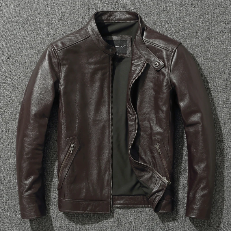 

Spring And Autumn New Top Layer Soft Cowhide Men's Slim Stand Collar Short Genuine Leather Motorcycle Leather Jacket Casual Coat