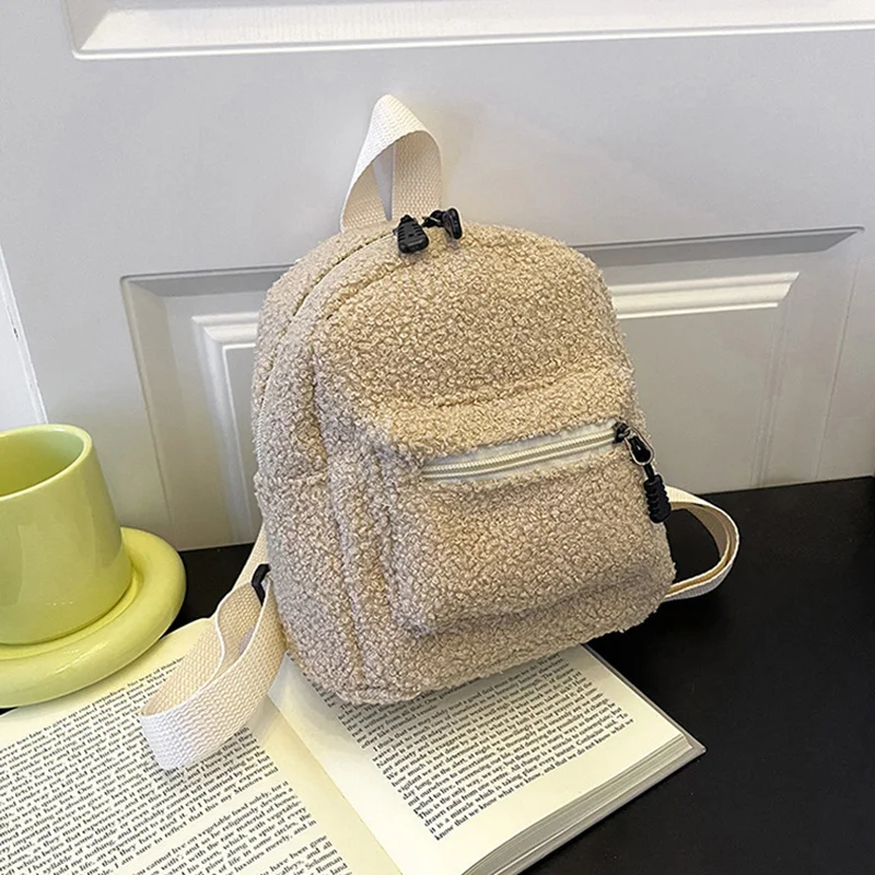 

Women's Mini Plush Backpack Solid Color Adjustable Shoulder Strap Double Zipper Handbags