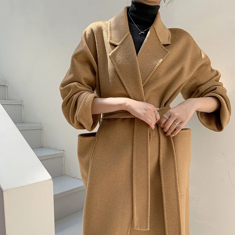 Женское длинное пальто с поясом осеннее из 100% шерсти открытым стежком и двойным