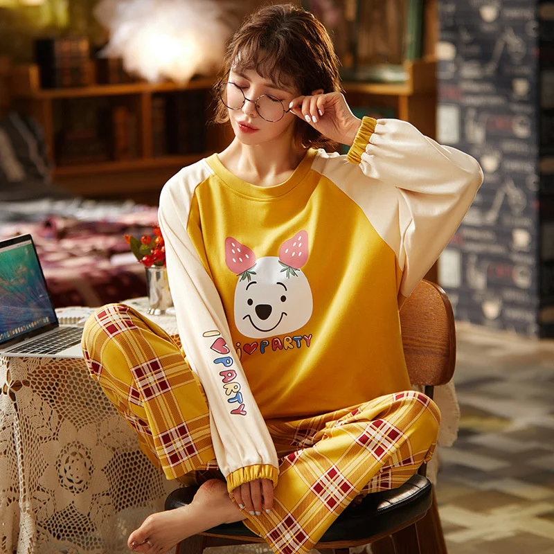 pajamas women's autumn new long sleeved knitted cotton loose round neck pullover large size home clothes two-piece can be