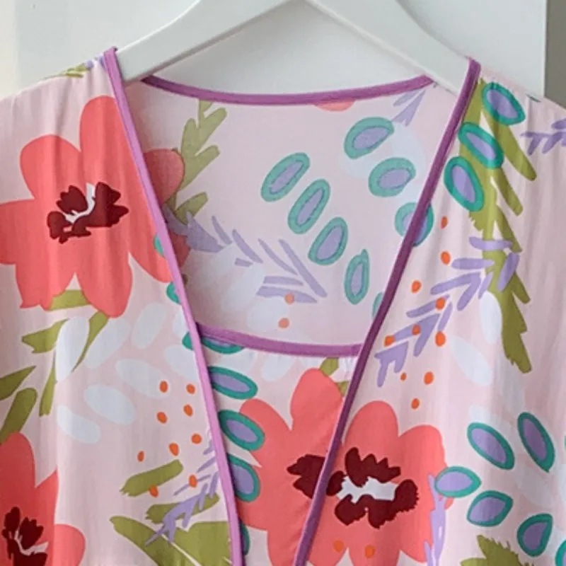 Plus Size Women's Summer Pajama Dressing Gown Half Sleeve Leisure Ventilation Nightdress 100% Viscose Printing Girls Nightgown