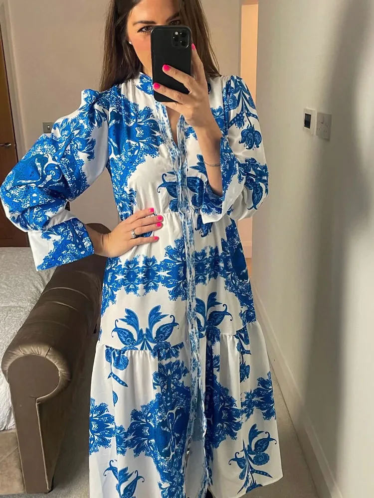 

Women 2022 Autumn New Chic Fashion Printed Long section Dress Vintage Long Sleeve Female Dresses Vestidos Mujer