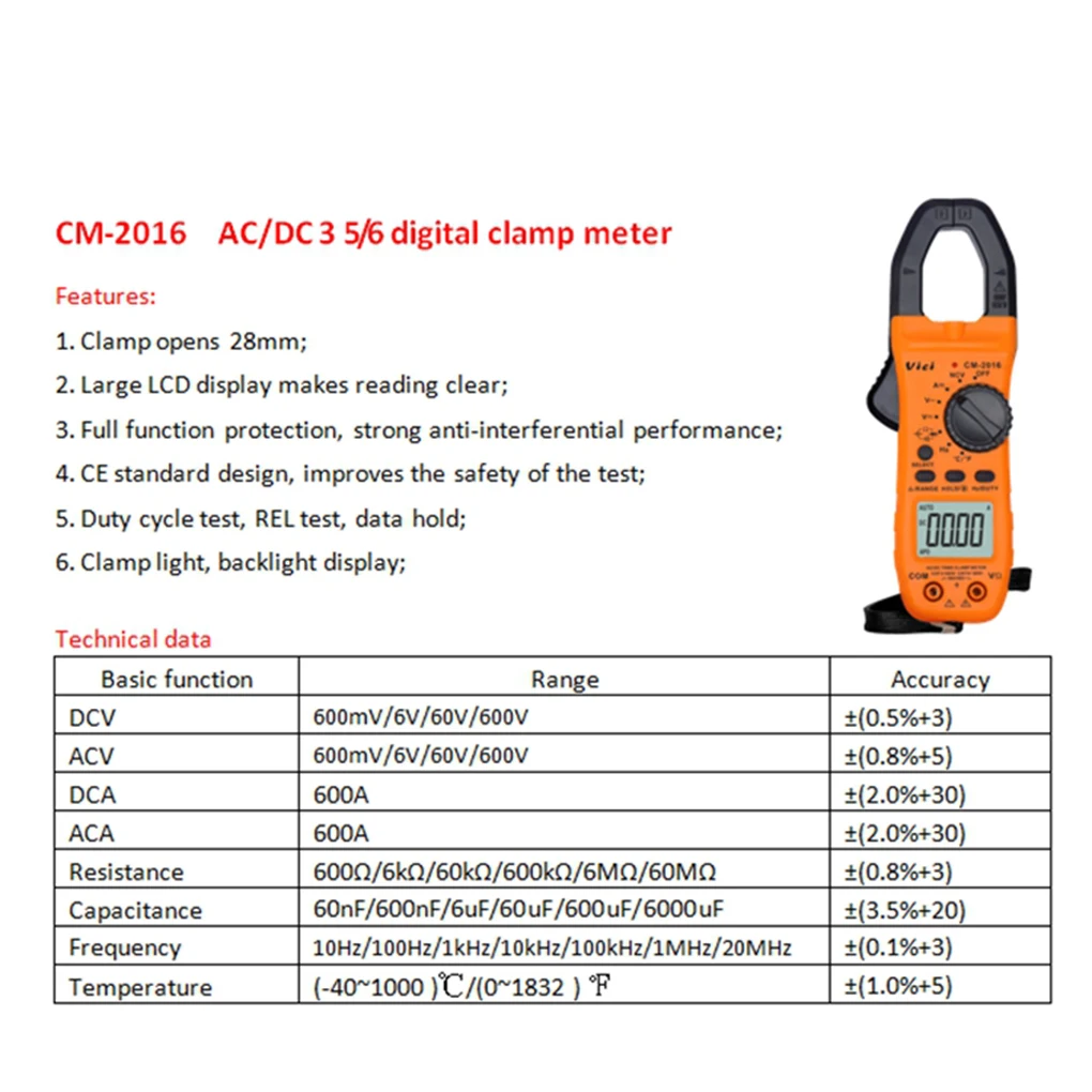 

Цифровой мультиметр-зажим CM2016, тестер для измерения переменного/постоянного напряжения, сопротивления, температуры, емкости, сопротивлени...