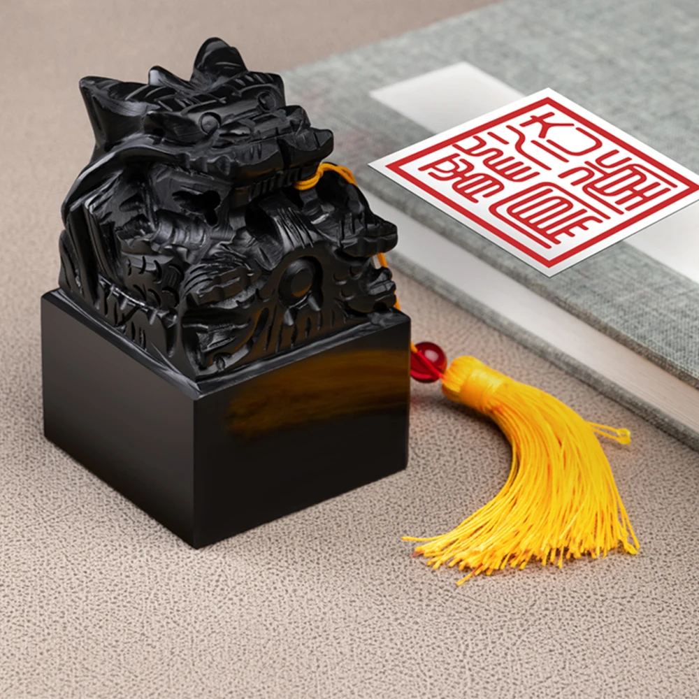 

Chinese Style Obsidian Name Stamps 6cm Square Black Stone Jade Seals Personalized Custom Calligraphy Chop Teacher Ornaments Gift