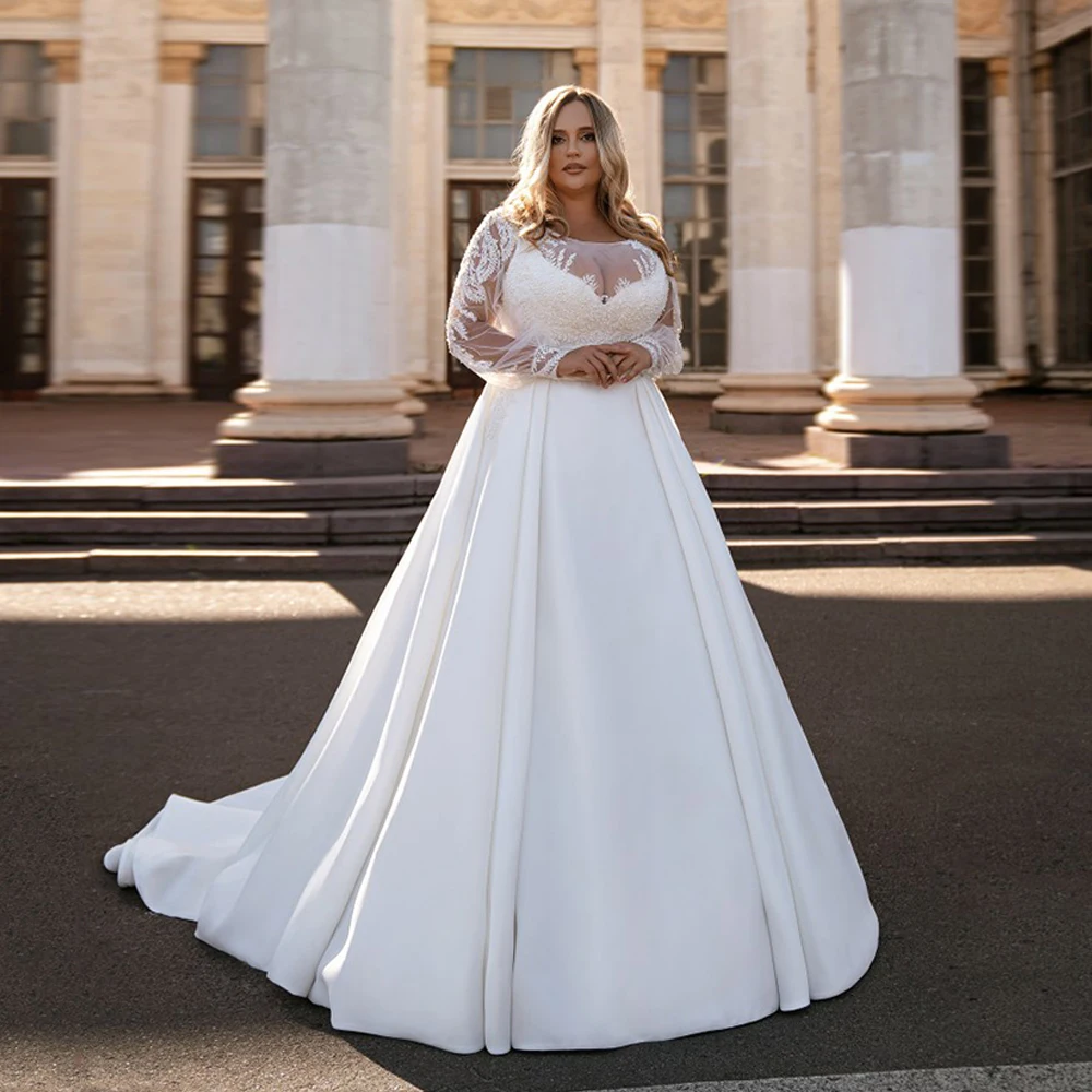 

Elegant Plus Size Wedding Dresses For Women Sexy O-Neck Long Sleeves Bride Gown Satin Sweep Train Applique A-Line Robe De Mariee