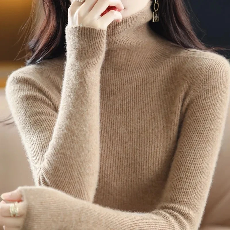 

Heaps collar Pullover Turtleneck Sweater Women Fall Soft Knit Sweater Slim Elastic Korean Basic Jumper Solid Tops
