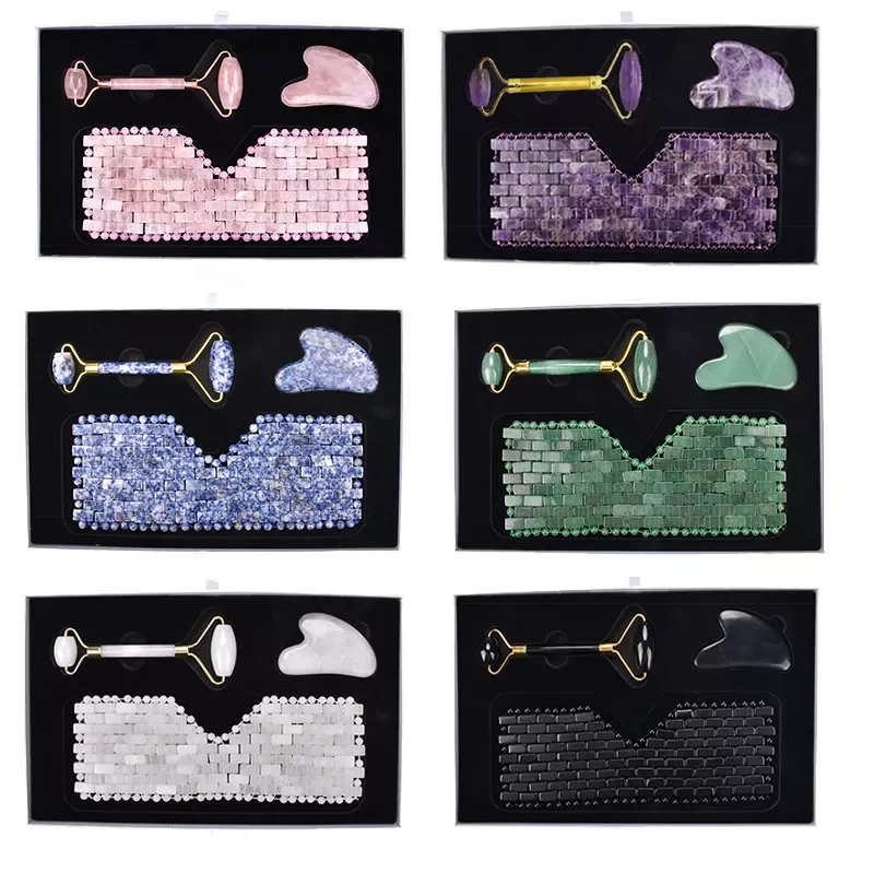 

3pcs Rose Quartz Jade Eye Mask Massager Jade Roller And Guasha Board Set Natural Stone Gouache Scraper Face Roller With Box