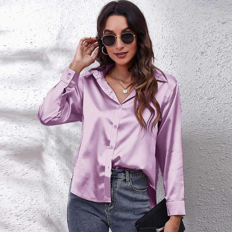 Women Satin Shirt 2023 Summer Silk Office Work Button Lapel Long Sleeve White Shirt Formal Dress Retro Casual Loose Solid Color