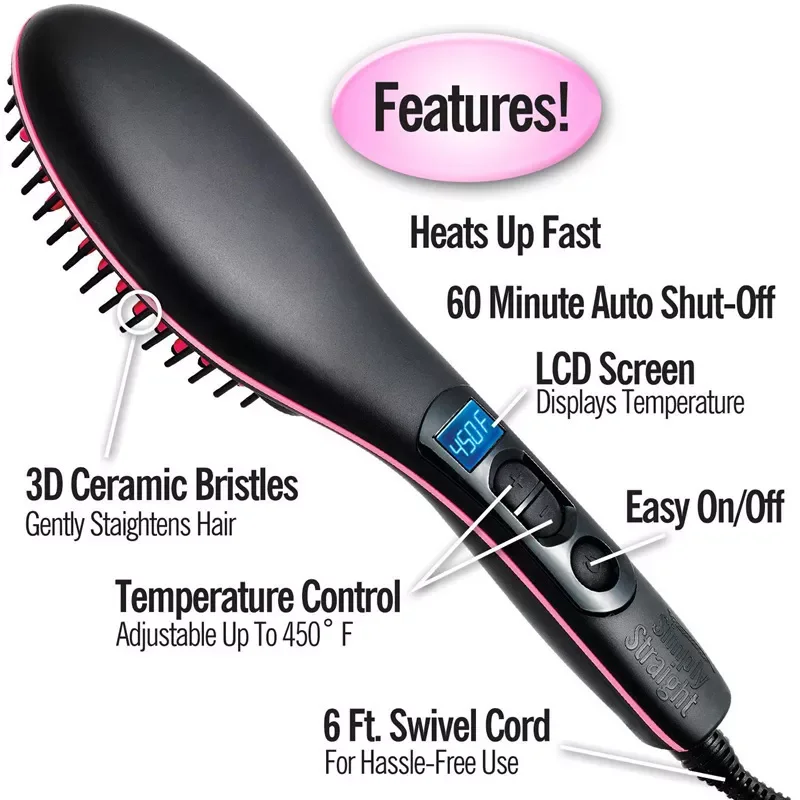 

Electric Hair Straightener Brush Hair Straightening Comb LCD Styling Ionic Hair Brush Hot Irons Heating Dry and Smooth Hairbrus