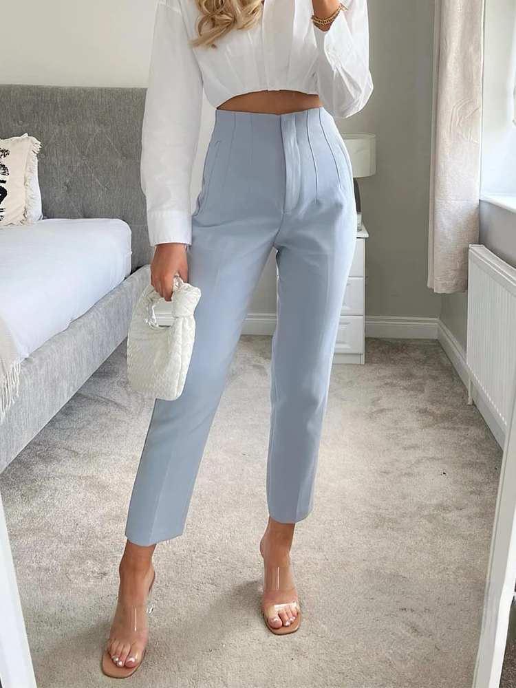 

2023 New Women Light Blue Chic Fashion Office Wear Straight Pants Vintage High Waist Zipper Fly Female Trousers Fashion 2023