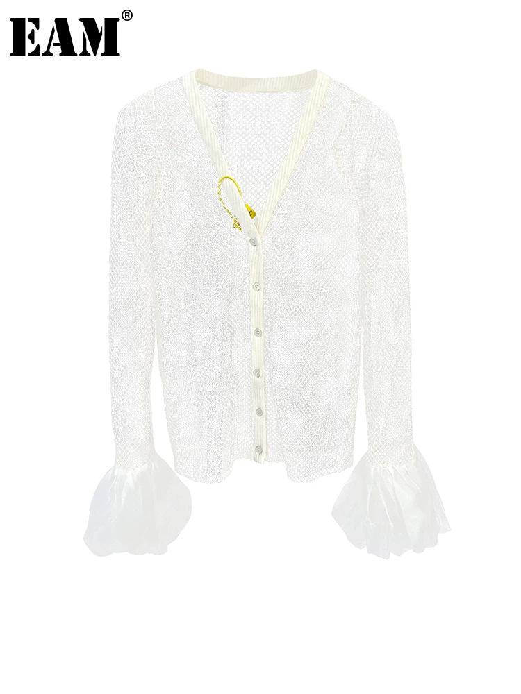 

[EAM] Loose Fit White Hollow Out Mesh Casual Jacket New V-neck Long Sleeve Women Coat Fashion Tide Spring Autumn 2022 1DE9674