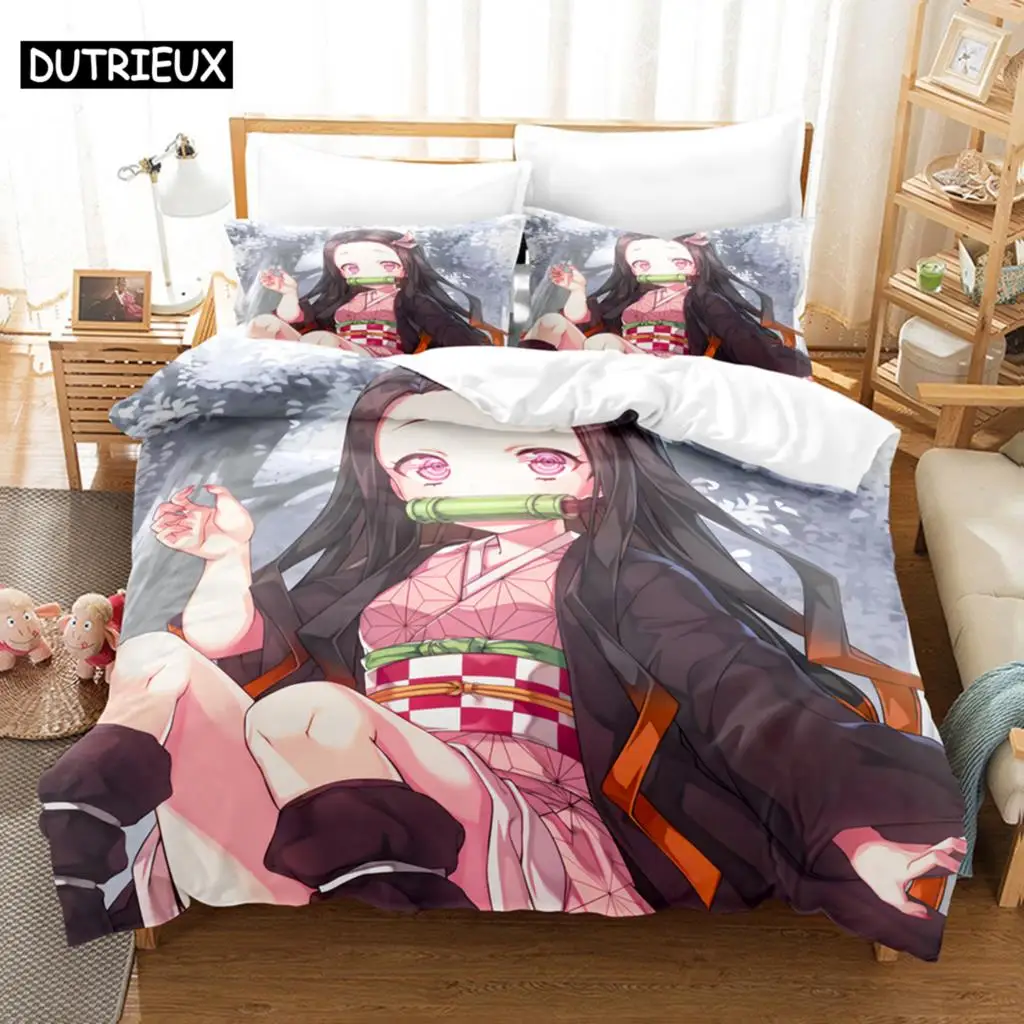 

Nezuko Kamado Anime Bedding Set Duvet Covers Pillowcases Bedclothes Home Textile Cartoon Queen King Size Kids Demon Slayer