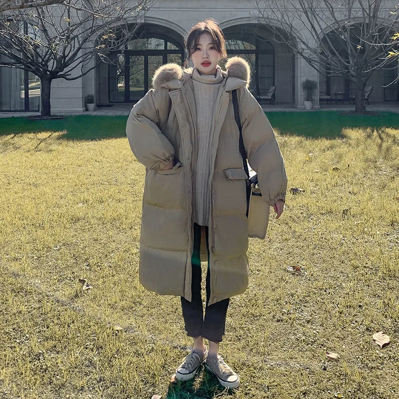 NEW LONG SOILD WHITE DUCK DOWN COAT Over The Knee Loose Casual Slimming And Thickening