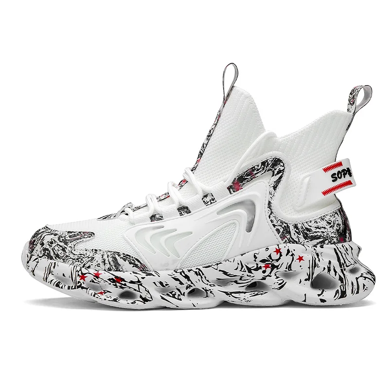 New Men's Breathable Sports Shoes Elastic High-top Basketball Shoes Trendy Hollow Blade Bottom All-fitting Lightful Casual Shoes