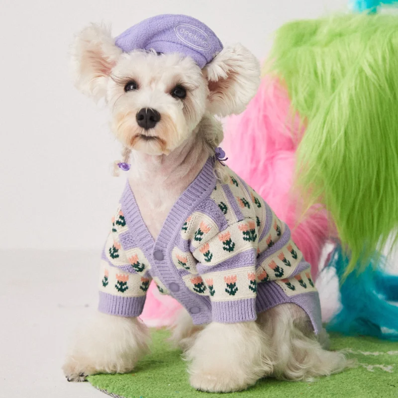 

Одежда для собак, фиолетовые вязаные свитера с цветочным рисунком для собак, кардиган, одежда для кошек, маленькая милая зимняя одежда для д...