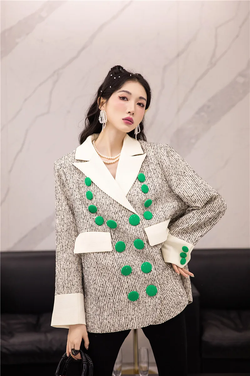Retro French Woman Contrast Color Suit Coat 2022 Autumn High-Grade Female Profile Thin Long Sleeve Suit Collar Blazer Femenino enlarge
