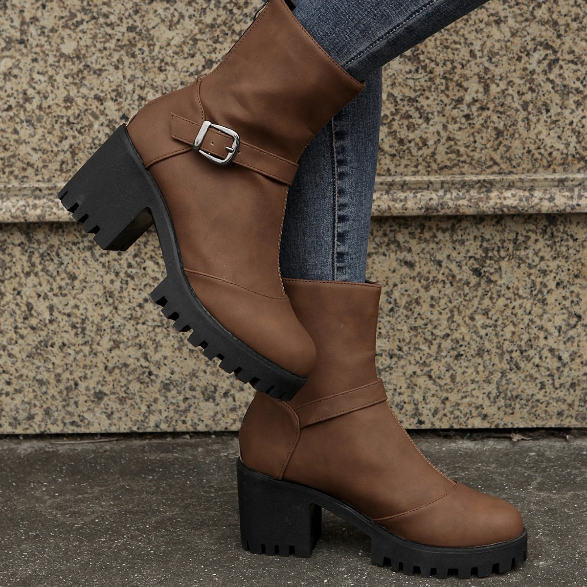 Женские ботинки с круглым носком на молнии сзади Нескользящие в британском стиле