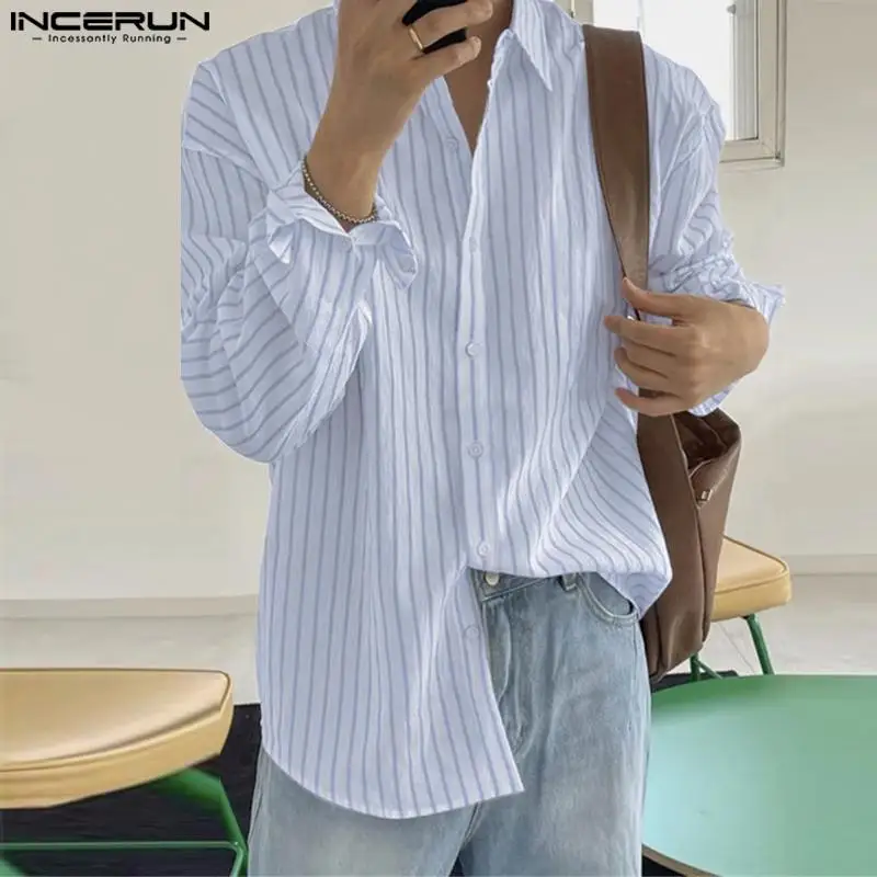 

Красивые хорошо облегающие Топы INCERUN, мужские Плиссированные текстурные рубашки в Вертикальную Полоску, уличная одежда, мужская Свободная блузка с рукавами