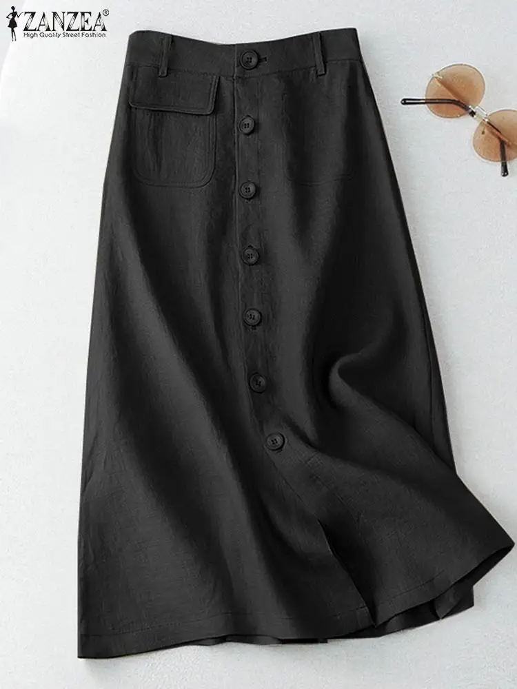 

ZANZEA Casual Button Up A-line Skirts Women Elegant High Waist Cotton Midi Skirts 2023 Summer Solid Temperament Faldas Mujer