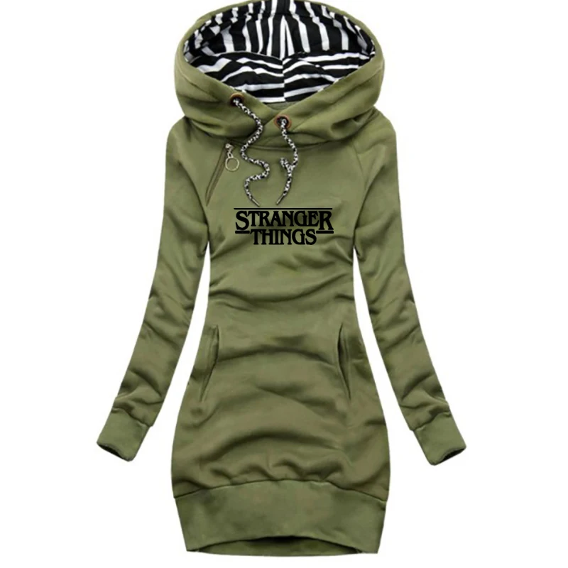 

Women Stranger Things Print Hoodies Dress Autumn Long Sleeve Hooded Dress Female Casual Slim Pullover Winter Fleece Sweatshirt