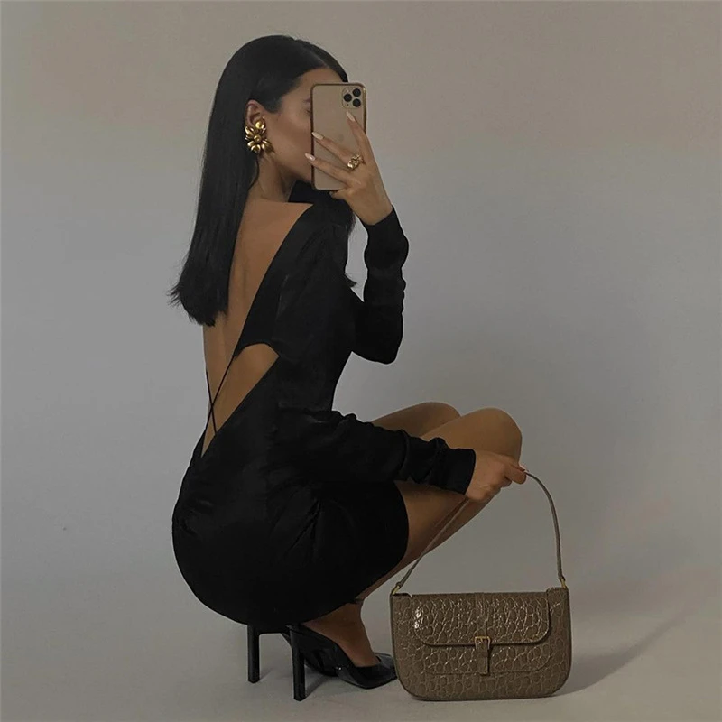 

Women Sexy Backless Mini Dress Elegant Long Sleeve Solid Slim Club Party Dresses Bodycon Streetwear Black Summer Dress 2022