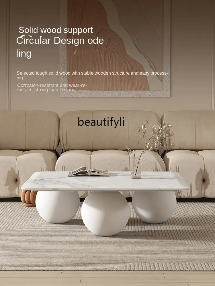 Cream Style Natural Marble Tea Table Silent Small Apartment Modern Simple Solid Wood | Coffee Tables