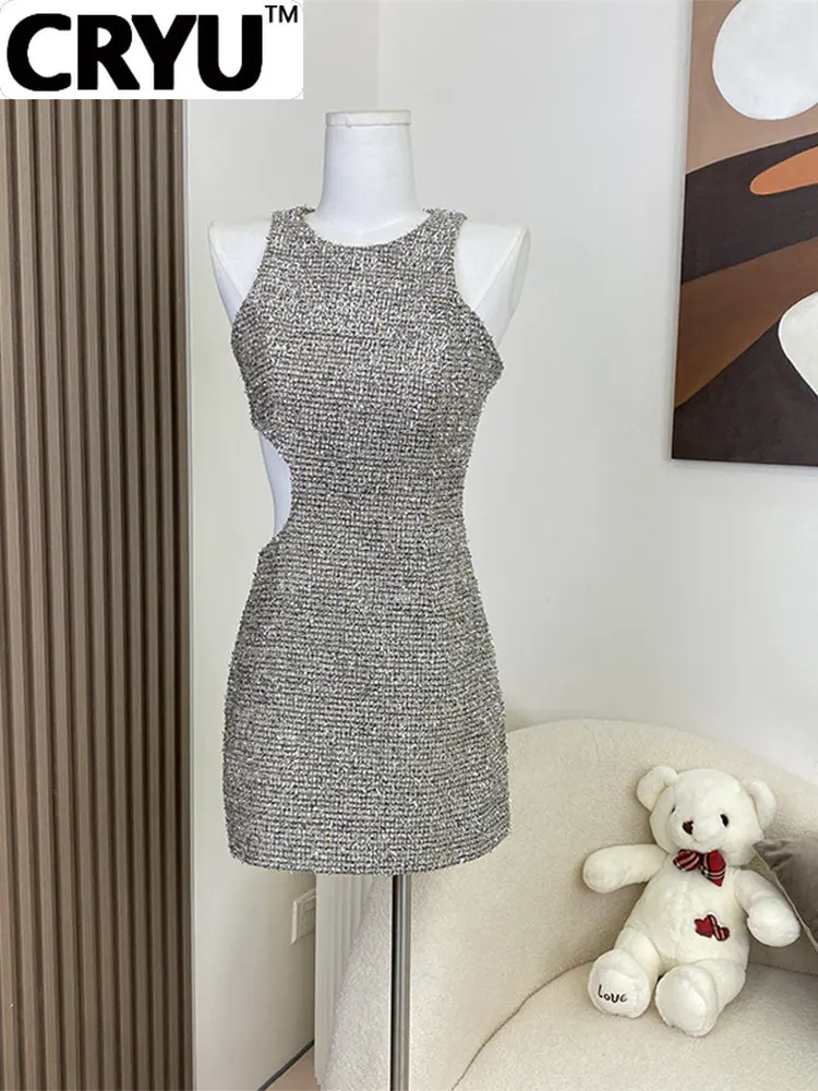 

2023 Summer Women Crew-neck Sleeveless Luxury Prom Dress Slim Hollow Out Sexy Mini Frocks Zipper Sequins Design Party Evening