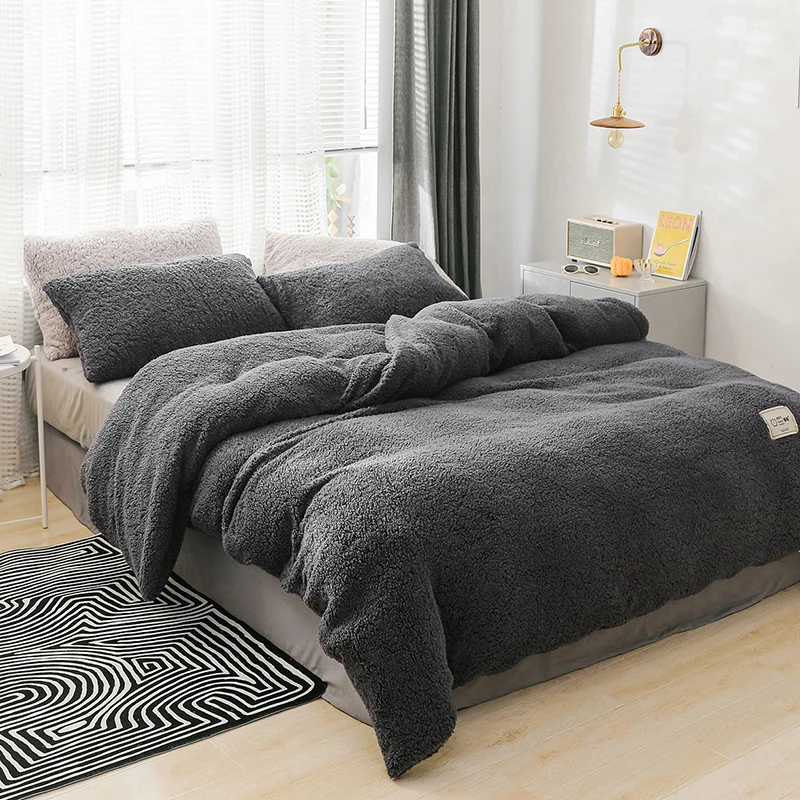 

Home Textiles Gray Winter Quilt Cover Soft Warm Lamb Cashmere Duvet Cover Solid Color Fleece PillowcaseBedding Cover No Sheet