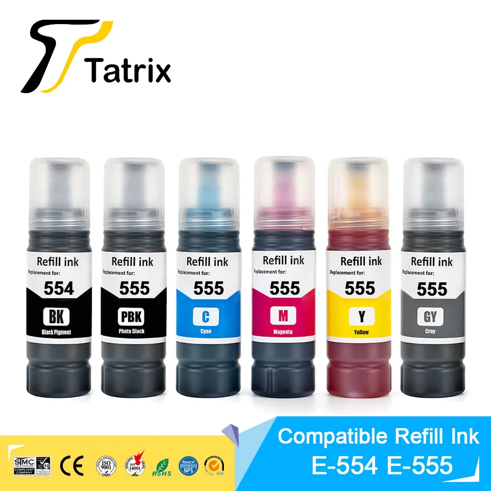 Tatrix 554 555 Compatible Refill Ink For Epson Color Water Based Bottle ink T554 T555 Compatible Epson Ecotank L8160/L8180 ink.