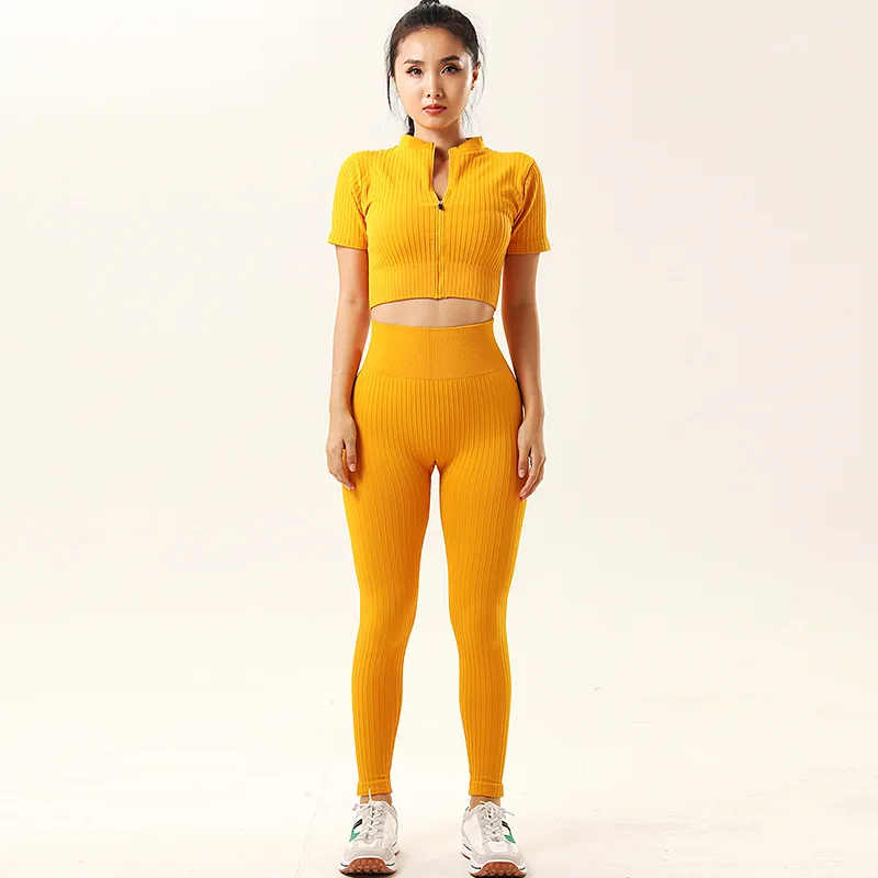 Summer 2022 New Release Women Active Outfit Wear Wholesale Price Ribbed Short Sleeves Crop Top High Waist Legging Set