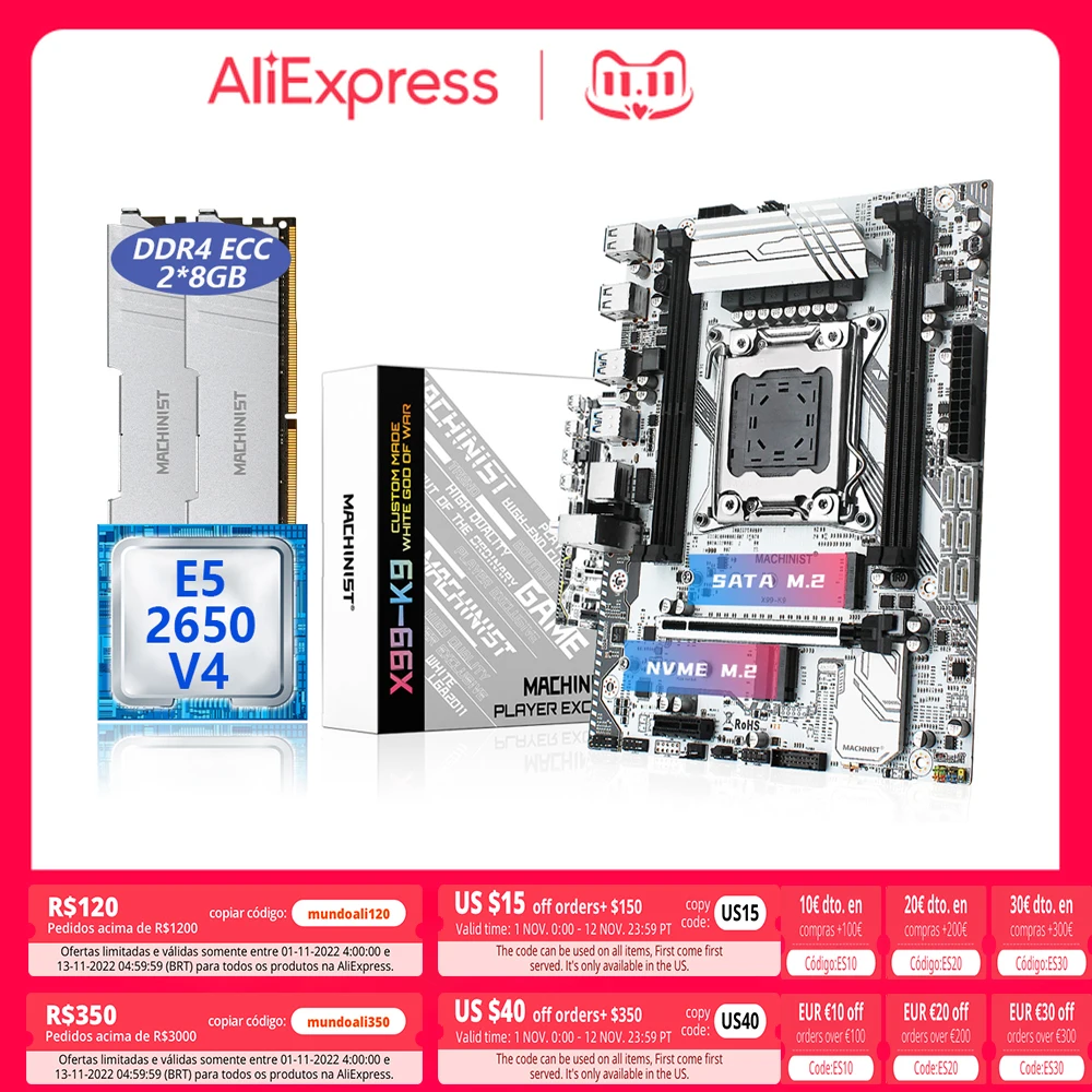 

MACHINIST X99 Kit Motherboard LGA 2011-3 With Intel Xeon E5 2650 V4 CPU 16GB(2*8G) DDR4 ECC 2133Mhz Four-Channe SATA M.2 K9