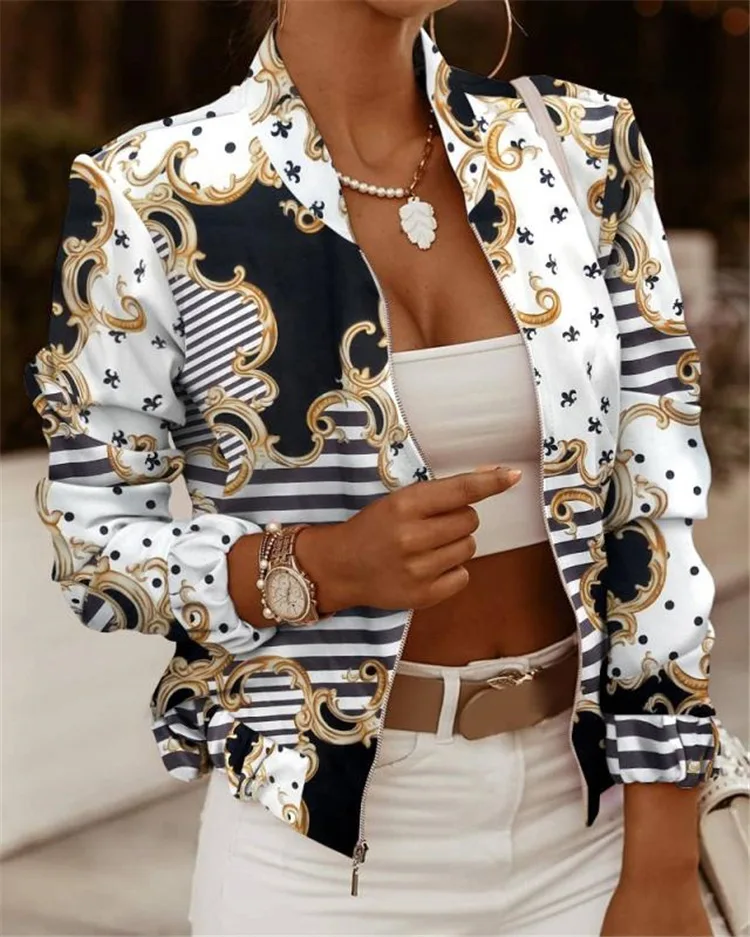 Women's Spring Autumn Floral Casual Long Sleeve Pockets Streetwear Coat Female Zipper Slim Outwears