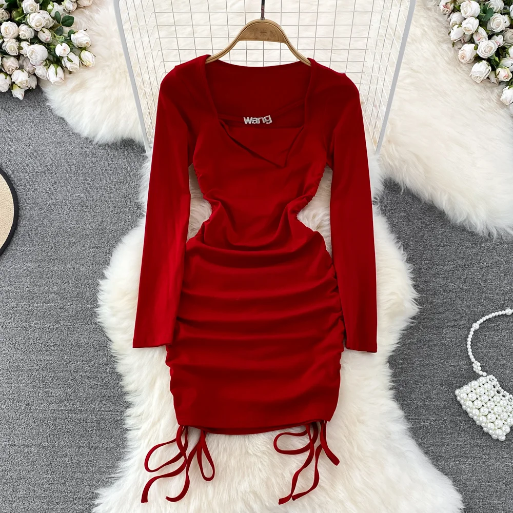 

Осеннее элегантное платье с квадратным вырезом и длинным рукавом, Осеннее модное облегающее Плиссированное короткое платье с запахом на за...