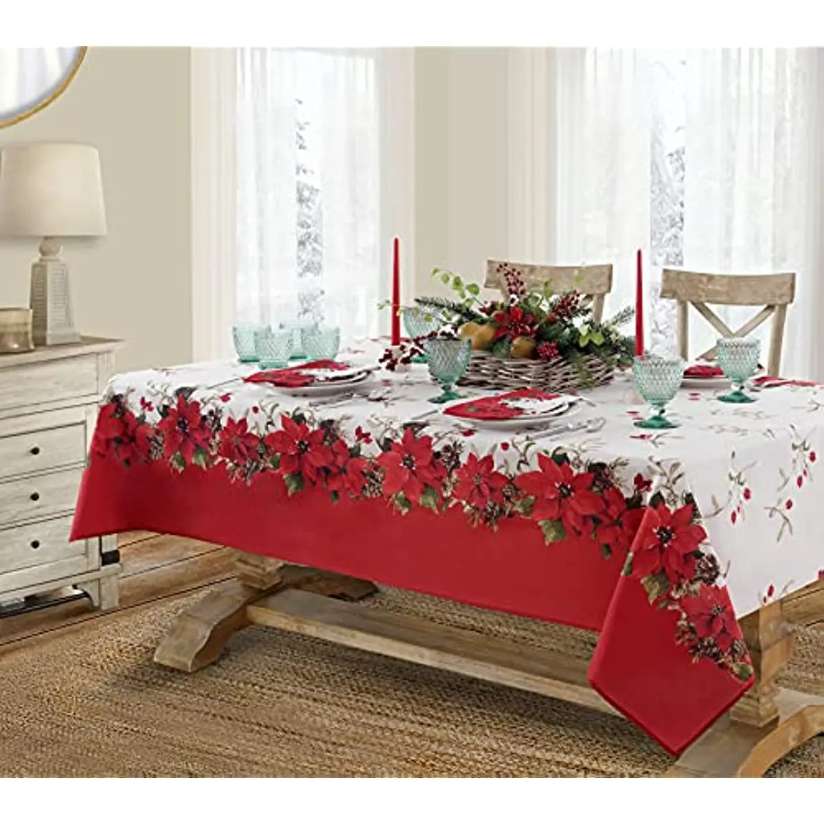 

Christmas Decoration Rectangle Tablecloth with Red Flower Wedding Decor New Year's Eve Party Dining Decor Waterproof TableCloth