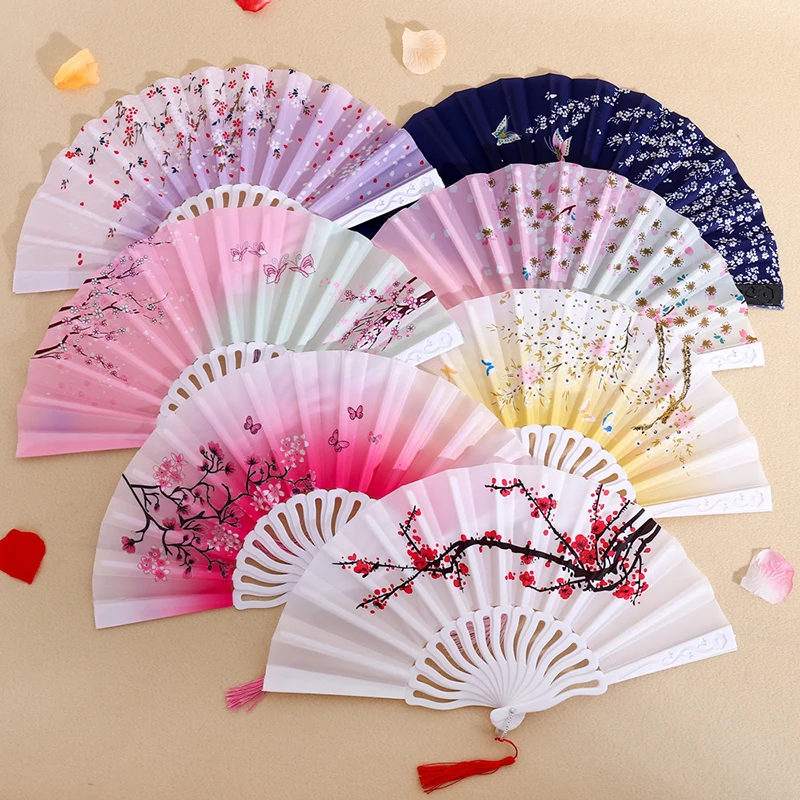 

New Fashion Summer Plastic Plum Blossom Folding Hand Held Flower Fan Chinese Dance Party Pocket Gifts Wedding Colorful Fans