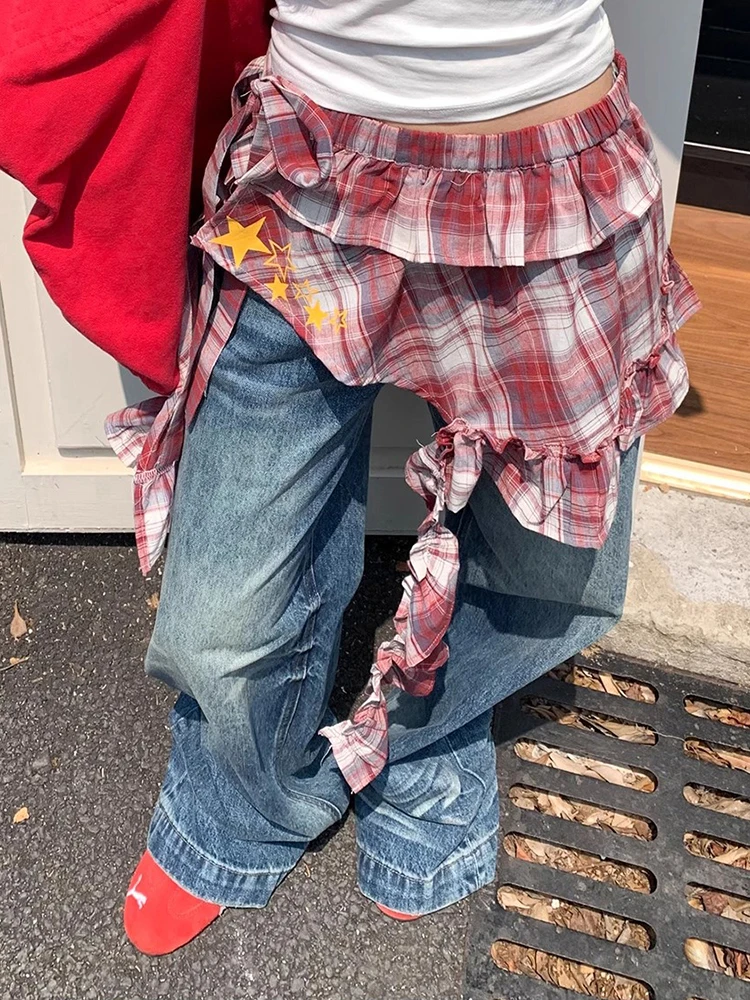 Фото ReddaChic в стиле панк, клетчатая звезда, женские накидки для джинсов, многоуровневая мини-юбка с рюшами, летняя фестивальная концертная одежда в стиле ретро Y2k №2