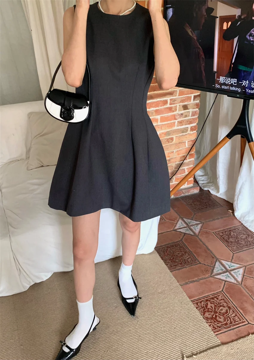 

Gray Vest Sleeveless Tank Dress Women's Summer Round Neck Elegant High Waist A-line Mini Dresses korean fashion y2k clothes 2023