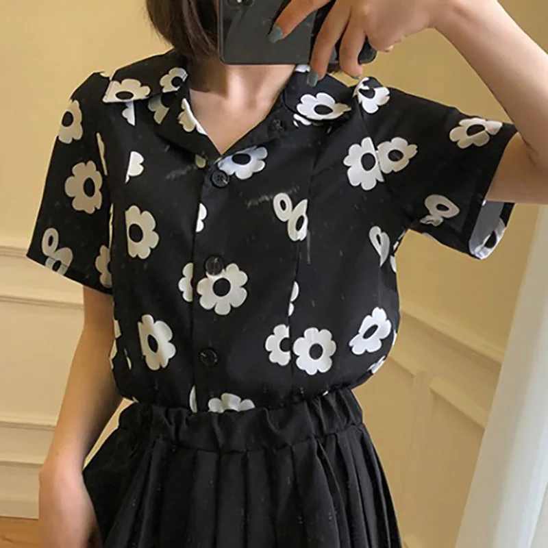 

Summer Women Lapel Retro Single-Breasted Slim Tops Female Korean Floral Print T-Shirts Ladies Temperament Elegant Tshirt Casual